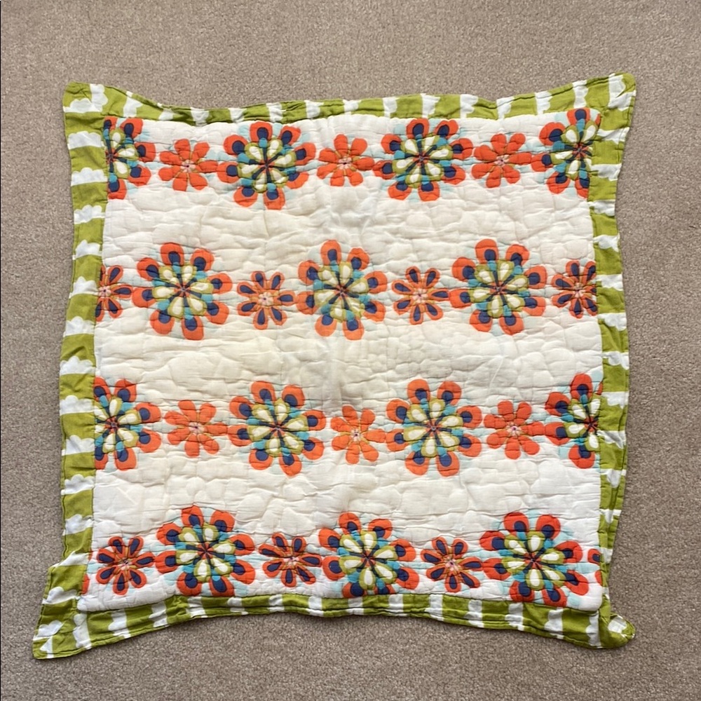 Anthropologie Green and Orange Quilted Euro Sham